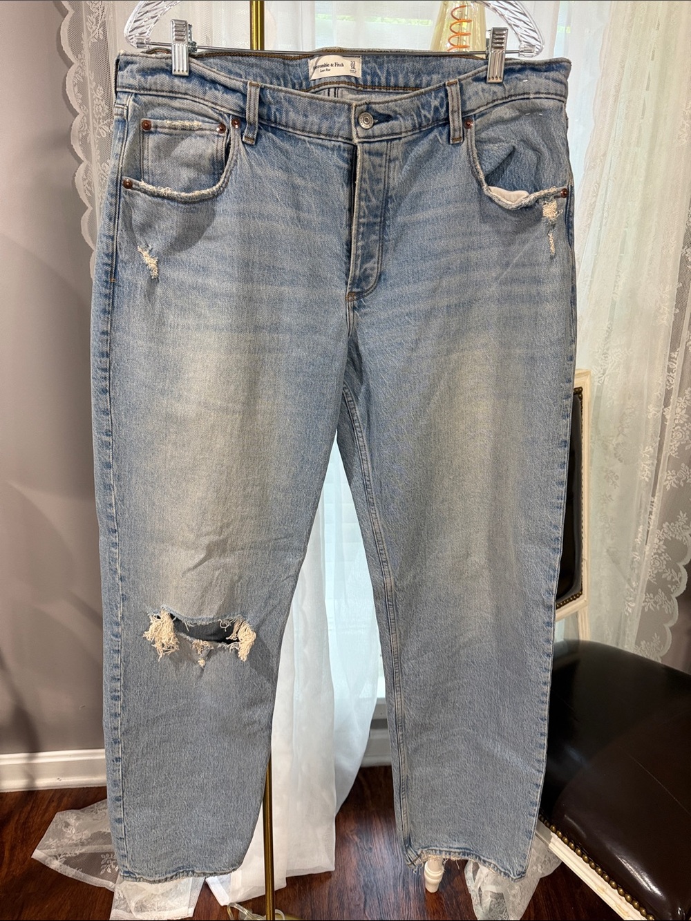 Abercrombie & Fitch Light Blue Straight Leg Jeans with Distressed Knee